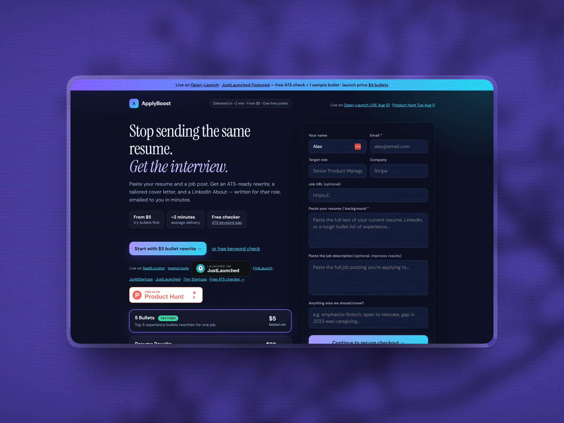 ApplyBoost resume builder landing page showing direct pasting fields