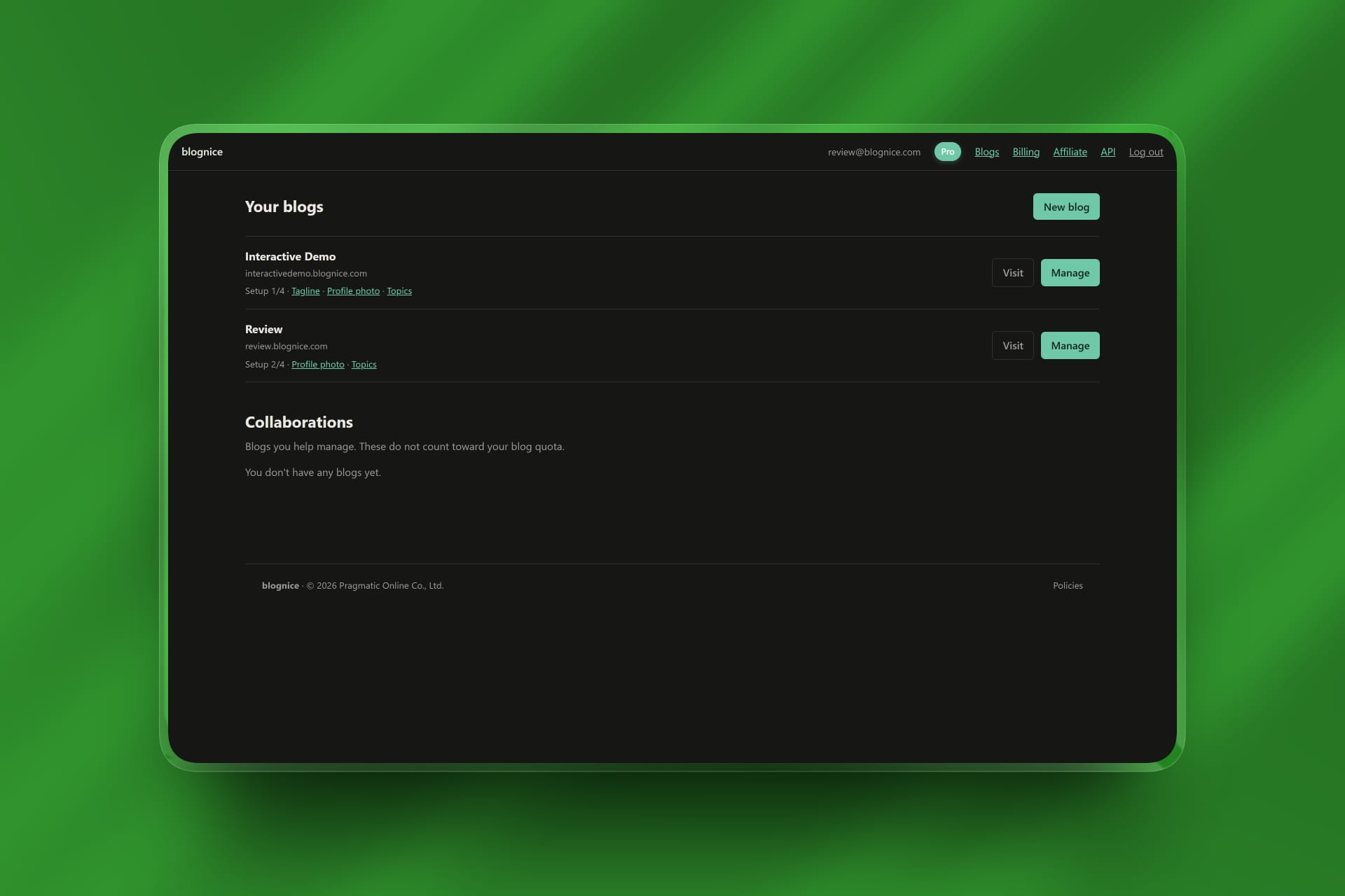Blognice multi-blog dashboard showing independent publication management