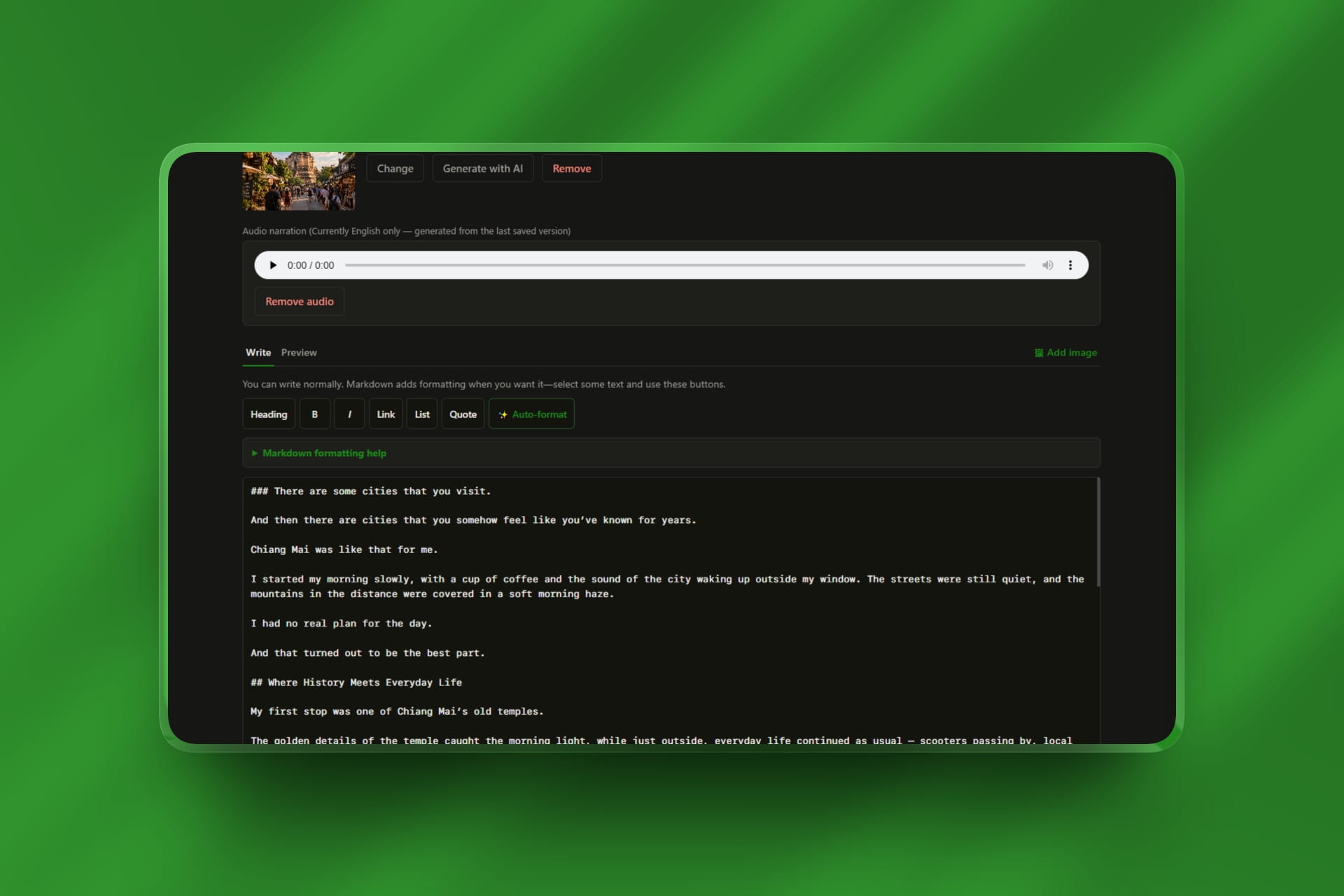 Blognice clean Markdown writing interface and live preview pane