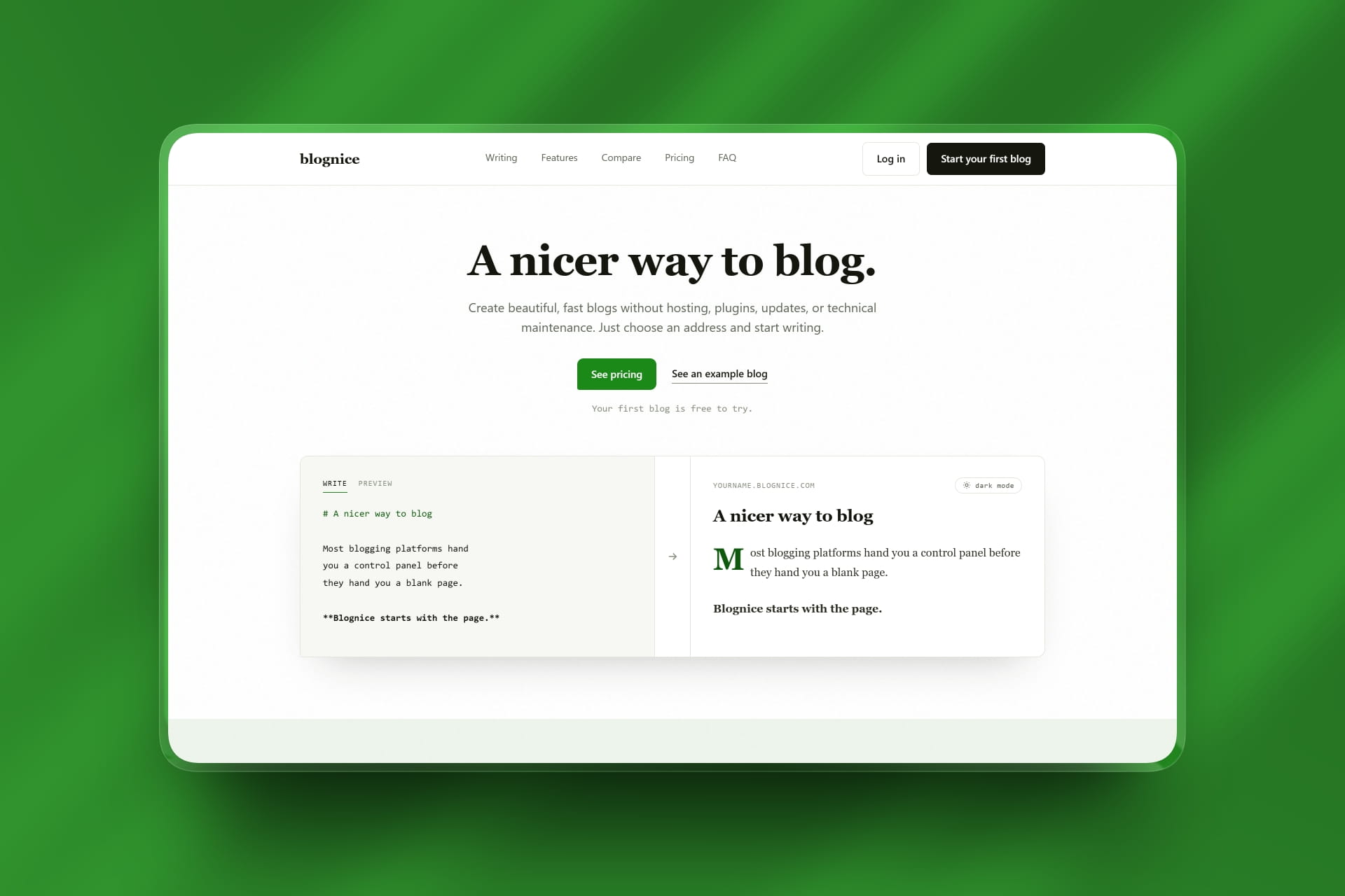 Blognice blogging platform homepage and onboarding dashboard