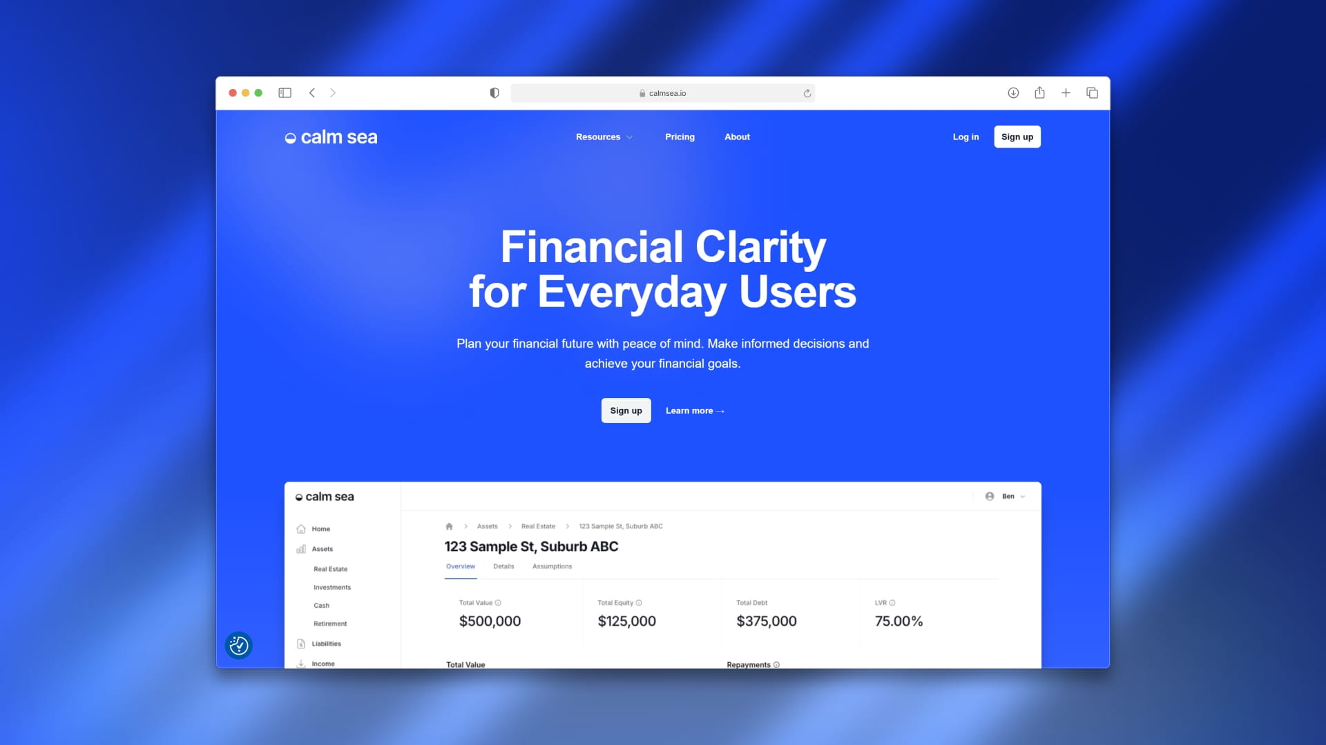 Calm Sea financial planning landing page