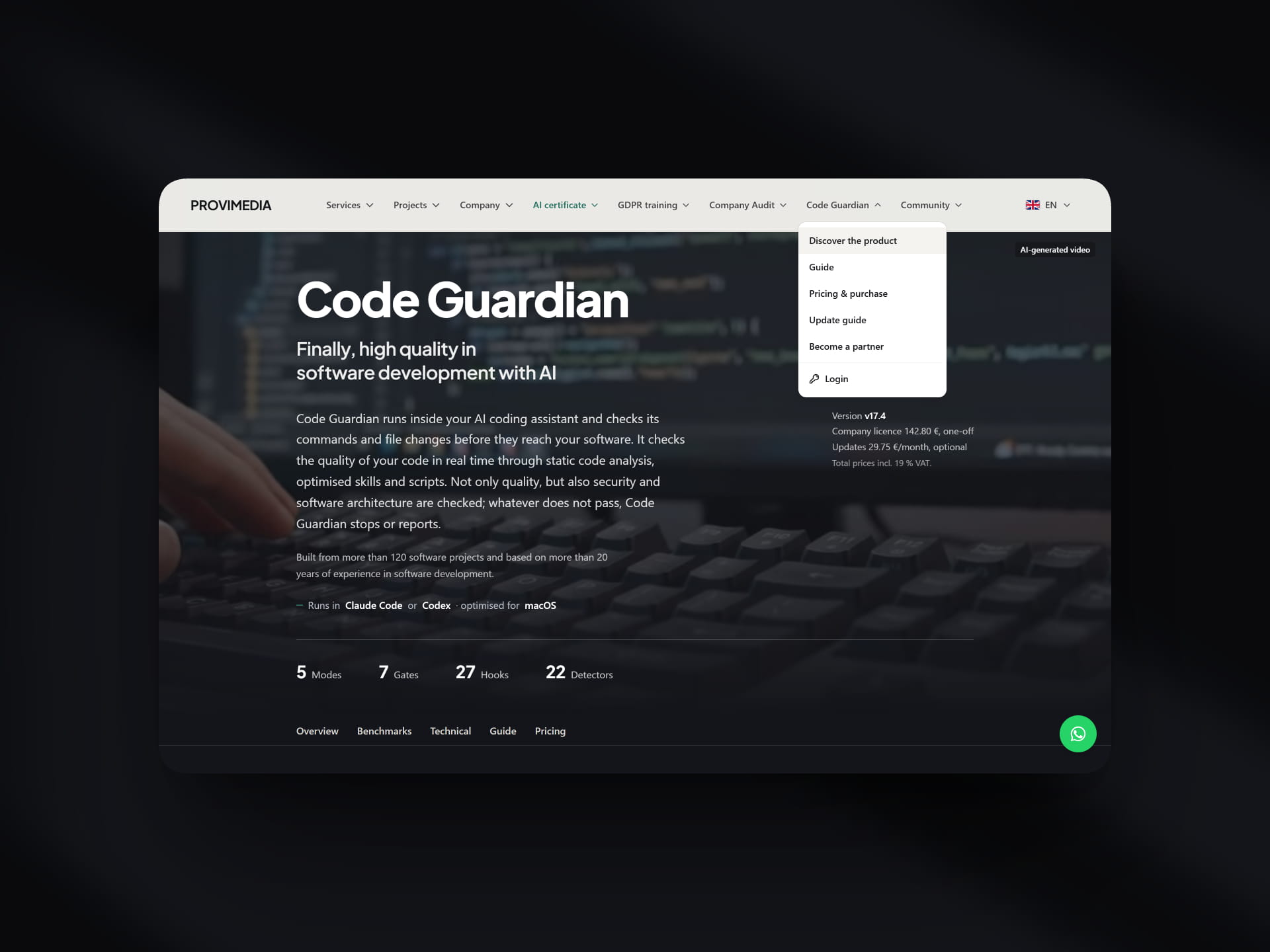 Code Guardian landing page and architecture overview on provimedia.de