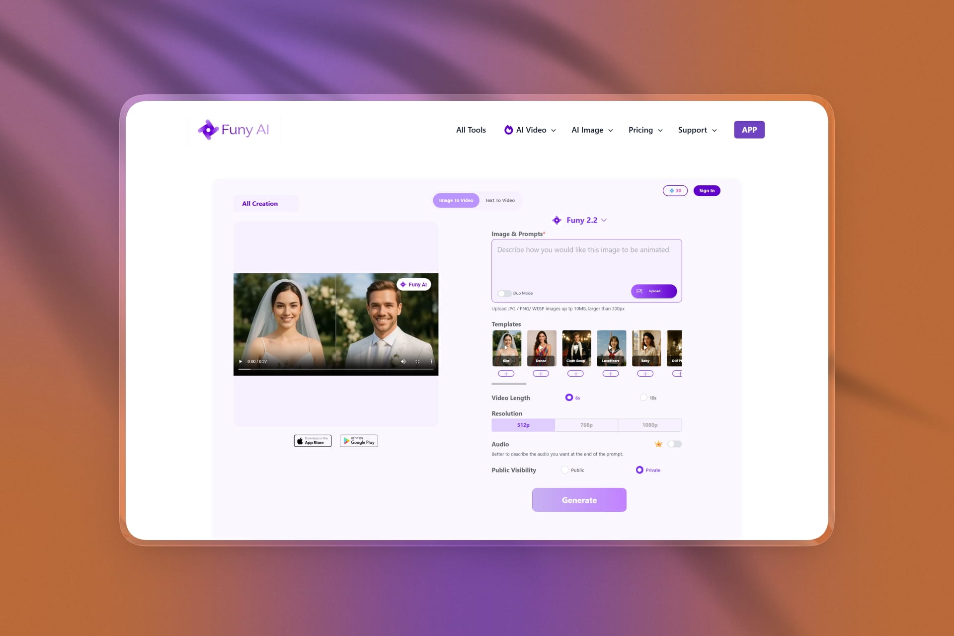 Funy.ai homepage showing video tools