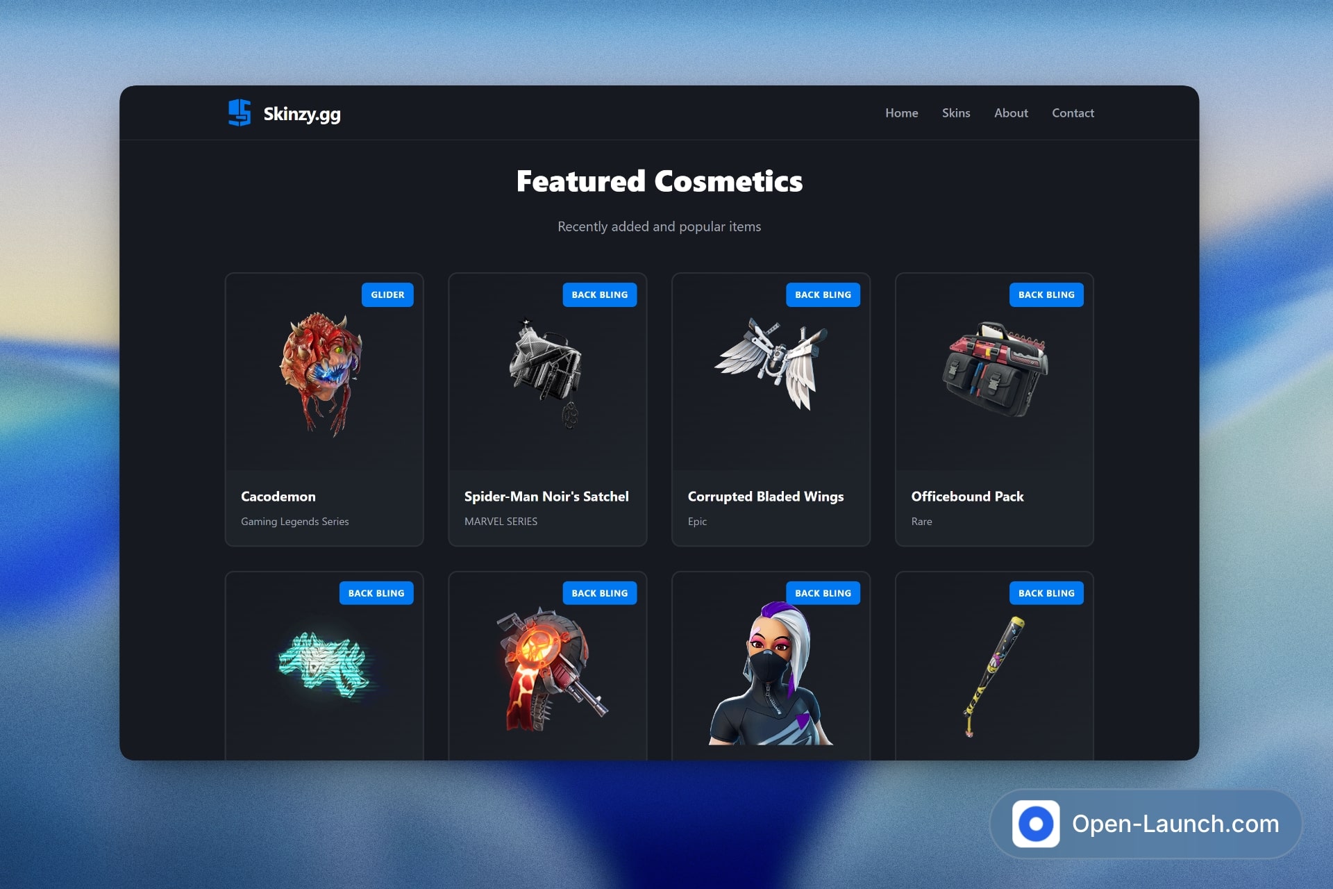 Skinzy.gg cosmetics browsing interface