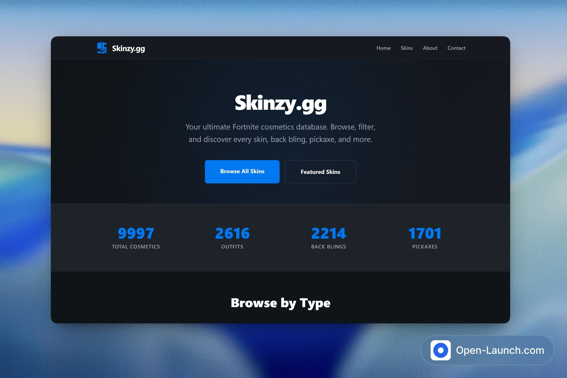 Skinzy.gg homepage showing cosmetics database