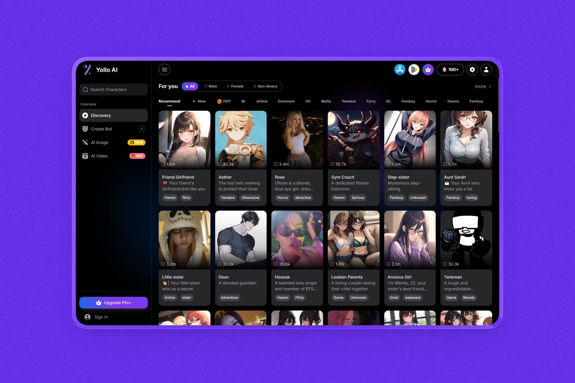 Yollo.ai homepage showing character feed