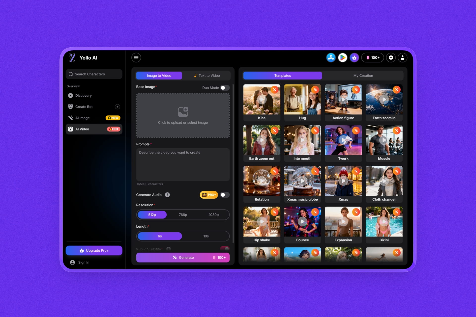 Yollo.ai chat interface and video generation