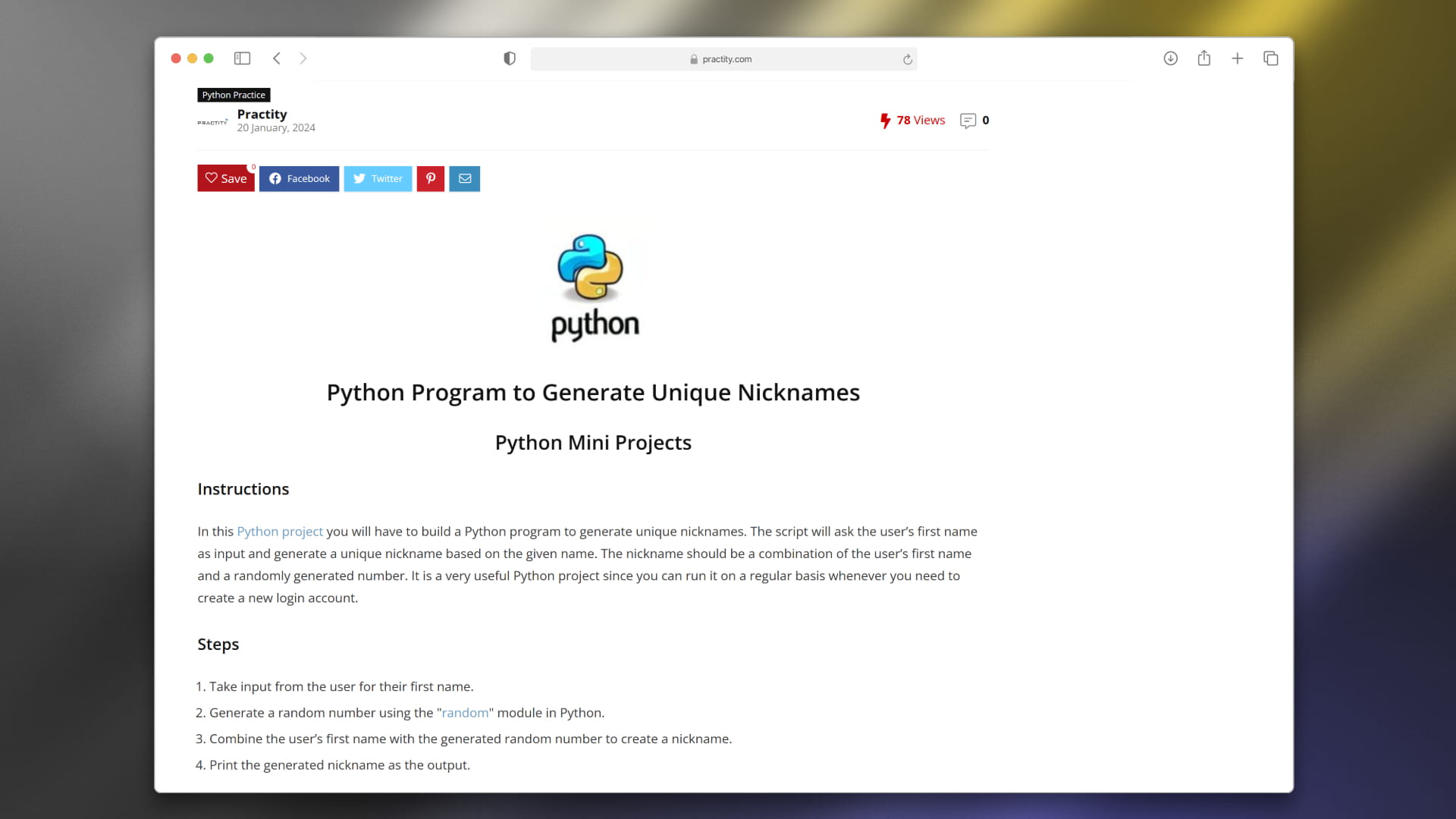 Practity intermediate Python coding instructions and code solution preview