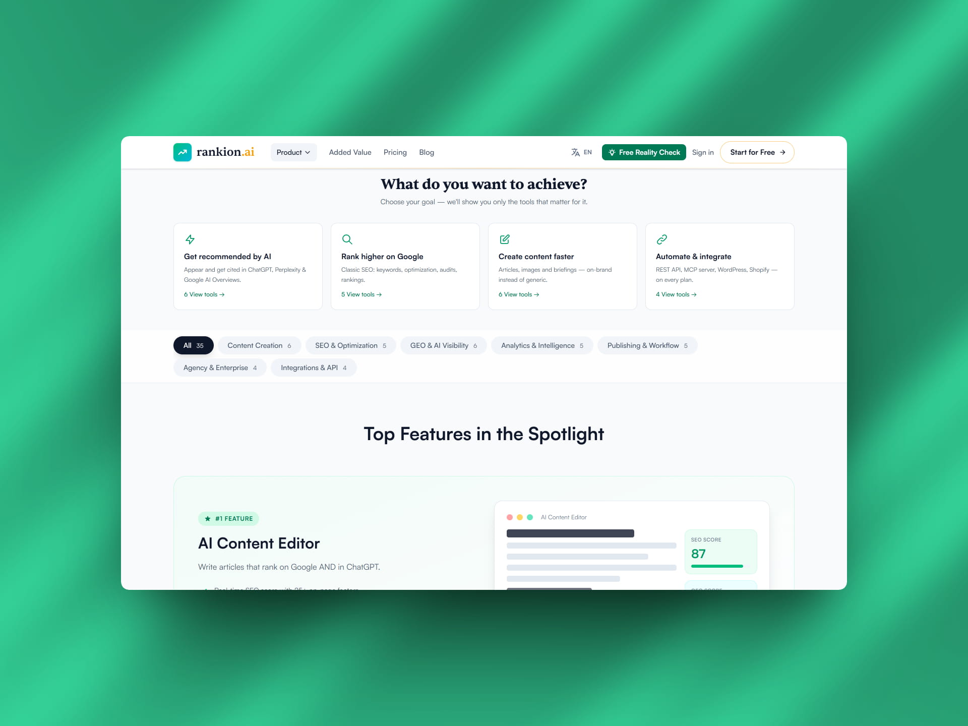rankion.ai content editor with real-time SEO and GEO scoring