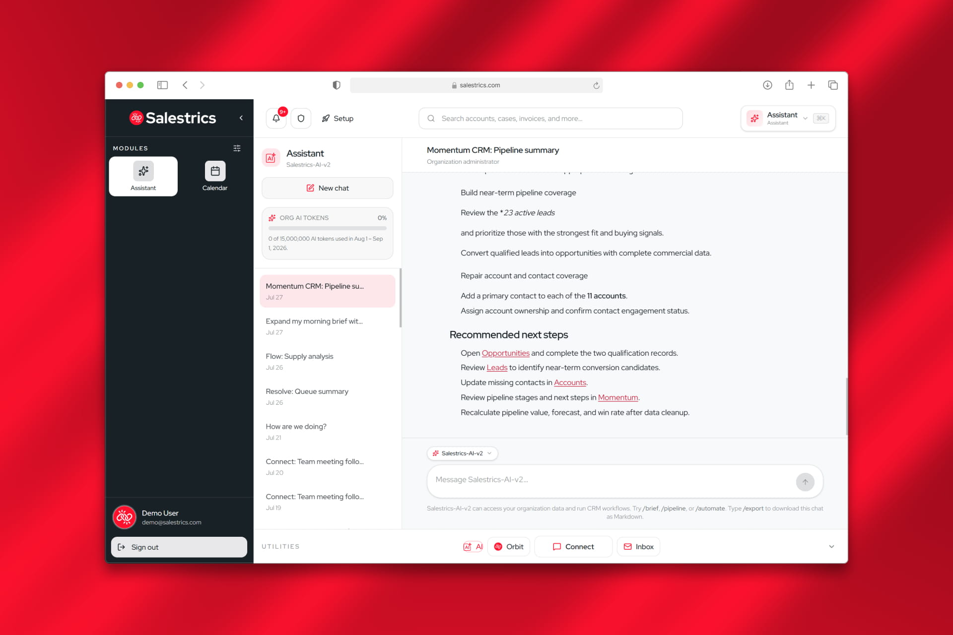 Salestrics AI Assistant v2 showing context-grounded deal summaries