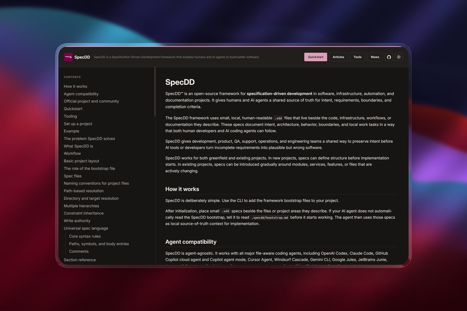 SpecDD open-source framework landing page