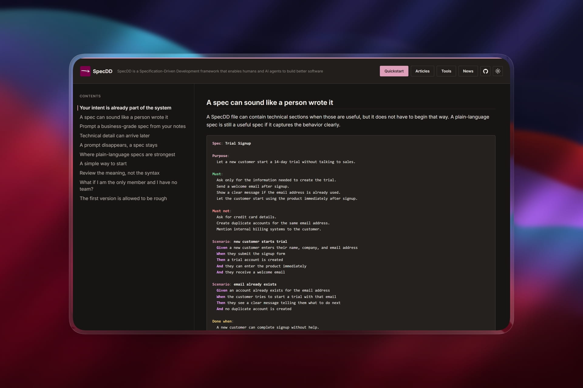 SpecDD context layer and structured intent dashboard